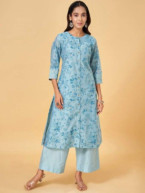 rangmanch by pantaloons blue cotton printed kurta palazzo set