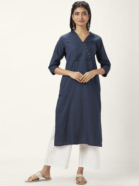 rangmanch by pantaloons blue cotton straight kurta