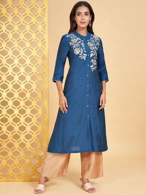 rangmanch by pantaloons blue embellished a line kurta