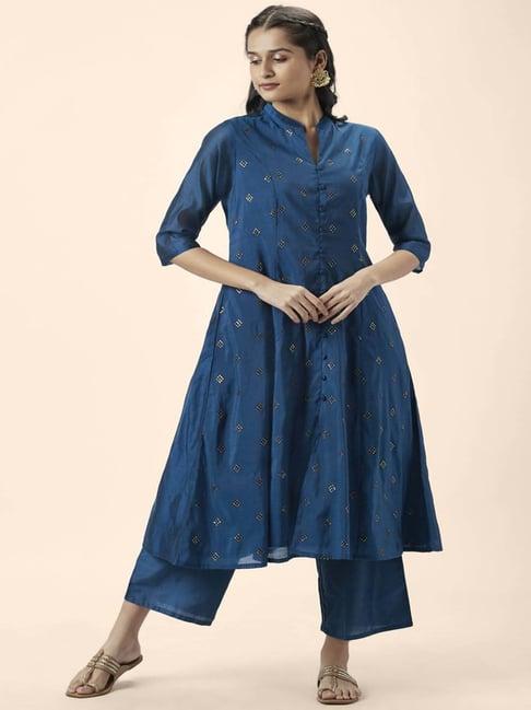 rangmanch by pantaloons blue embellished kurta pant set