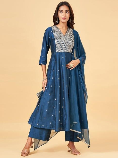 rangmanch by pantaloons blue embroidered kurta palazzo set with dupatta
