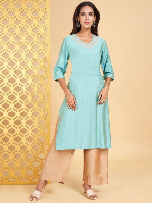 rangmanch by pantaloons blue embroidered straight kurta