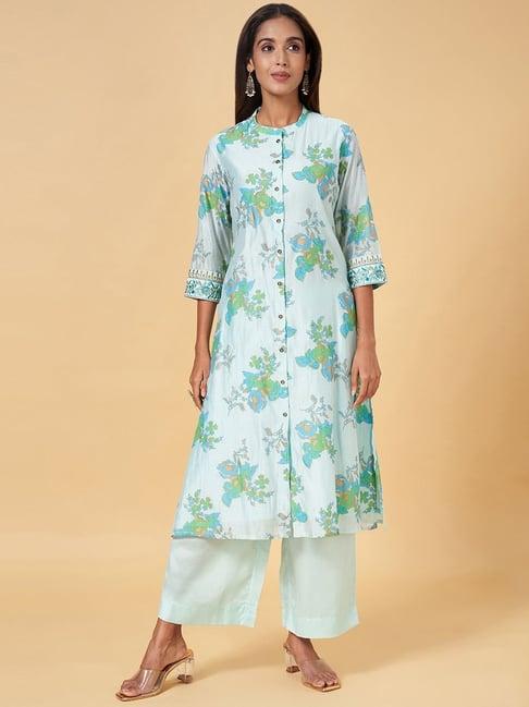 rangmanch by pantaloons blue floral print kurta pant set