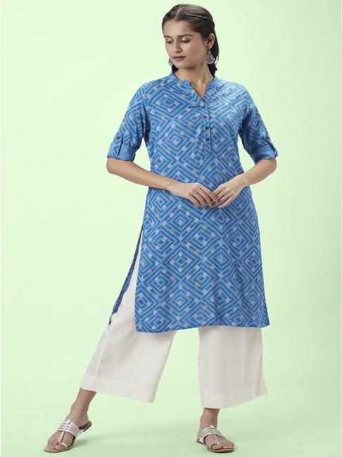 rangmanch by pantaloons blue printed straight kurta