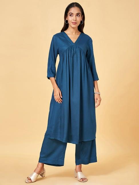 rangmanch by pantaloons blue woven pattern kurta palazzo set
