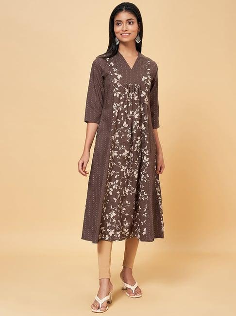 rangmanch by pantaloons brown cotton printed a line kurta