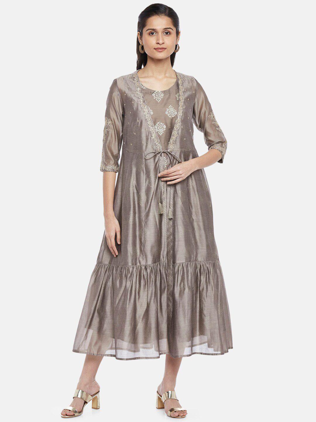 rangmanch by pantaloons brown ethnic motifs printed ethnic layered a-line midi dress