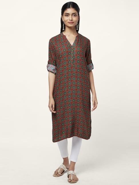 rangmanch by pantaloons brown printed straight kurta