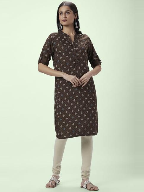 rangmanch by pantaloons brown printed straight kurta