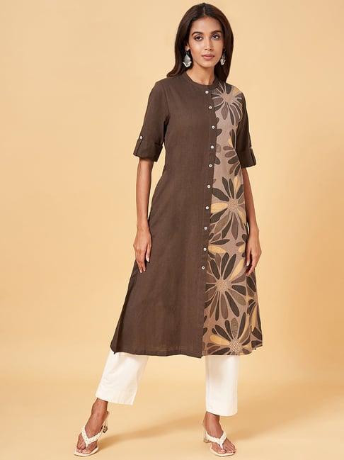 rangmanch by pantaloons brown printed straight kurta