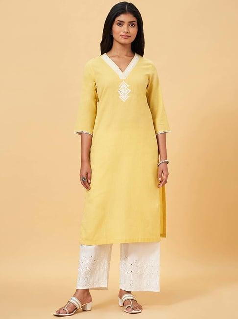 rangmanch by pantaloons buff yellow cotton embroidered straight kurta