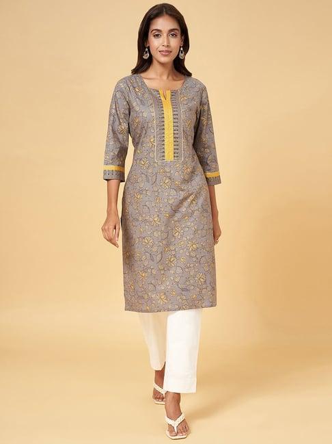 rangmanch by pantaloons charcoal grey cotton printed straight kurta