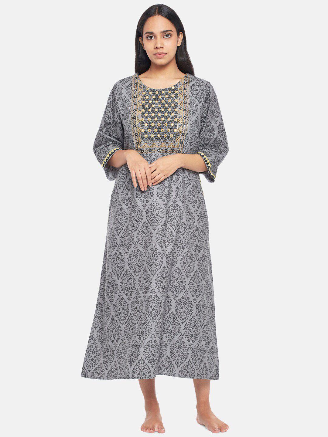 rangmanch by pantaloons charcoal printed cotton maxi nightdress