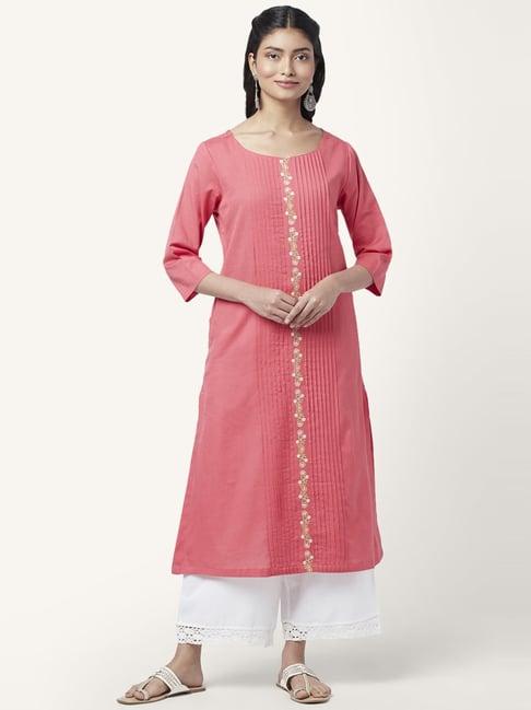 rangmanch by pantaloons coral cotton embroidered a line kurta