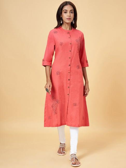 rangmanch by pantaloons coral cotton embroidered straight kurta