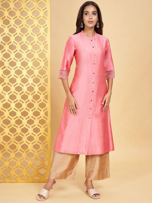 rangmanch by pantaloons coral embroidered a line kurta