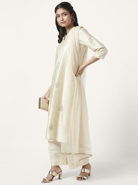 rangmanch by pantaloons cream cotton embroidered kurta palazzo set with dupatta