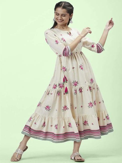 rangmanch by pantaloons cream floral print a-line dress