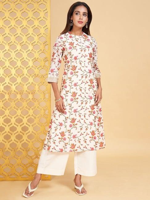 rangmanch by pantaloons cream floral print kurta palazzo set