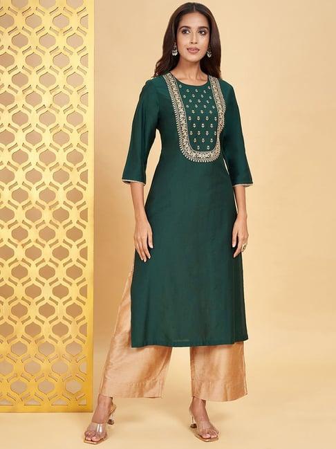 rangmanch by pantaloons emerald embroidered straight kurta