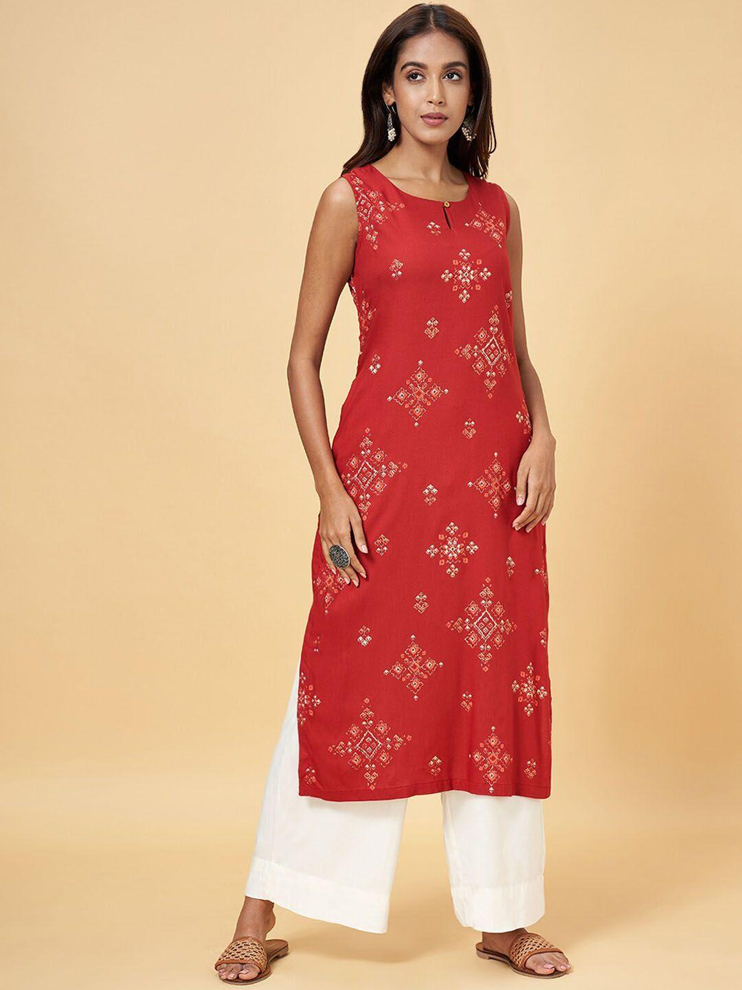 rangmanch by pantaloons ethnic motifs printed keyhole neck sleeveless straight kurta