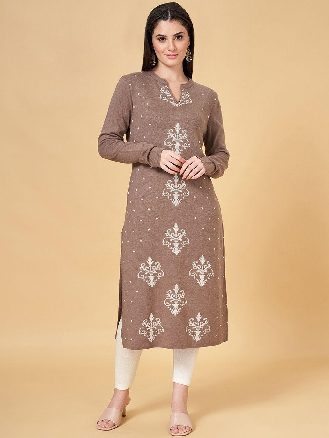 rangmanch by pantaloons ethnic motifs printed knitted mandarin collar acrylic kurta