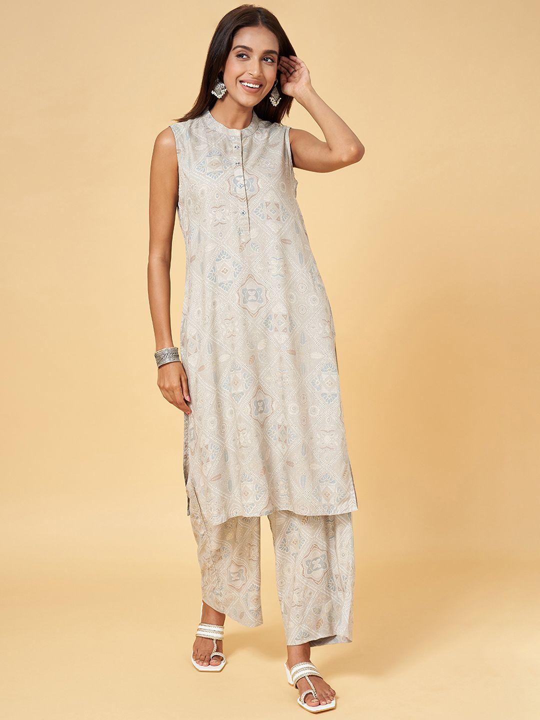 rangmanch by pantaloons ethnic motifs printed mandarin collar kurta with trousers