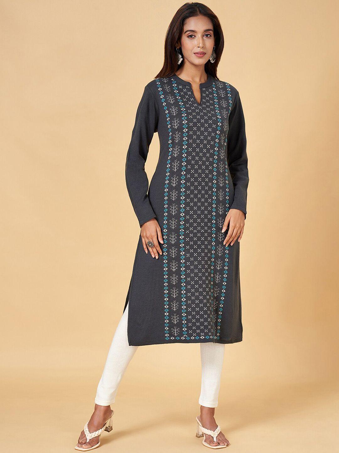 rangmanch by pantaloons ethnic motifs woven design mandarin collar acrylic straight kurta