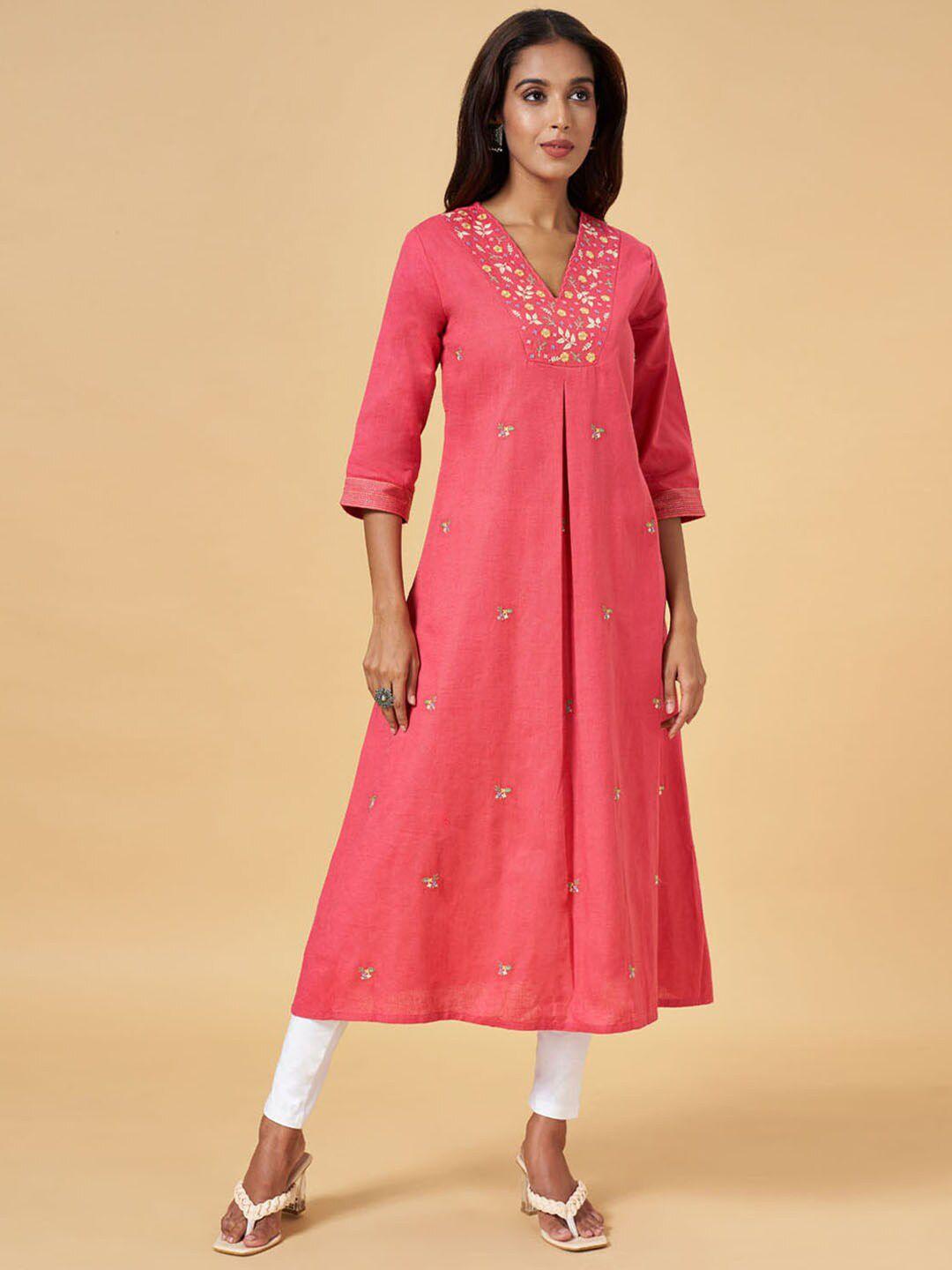 rangmanch by pantaloons floral embroidered v-neck thread work detailed a-line kurta