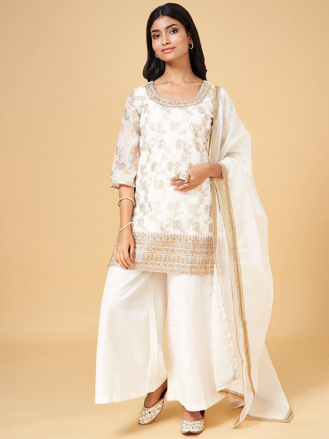 rangmanch by pantaloons floral printed chanderi silk kurta with palazzos & dupatta