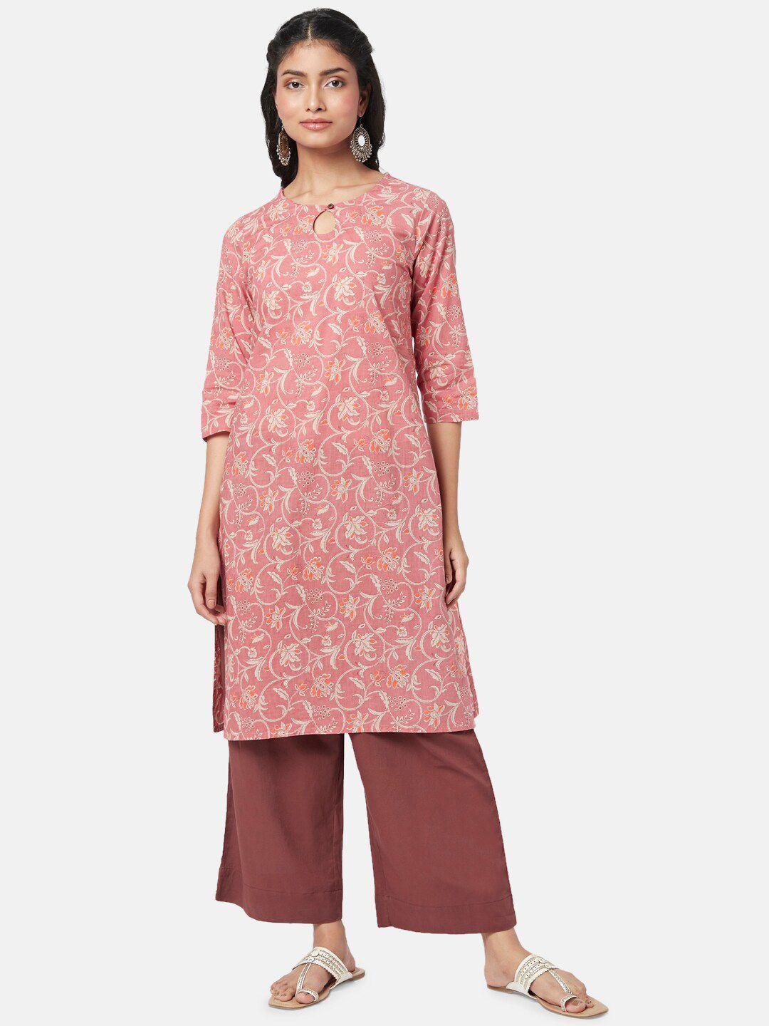 rangmanch by pantaloons floral printed keyhole neck pure cotton kurta with trousers