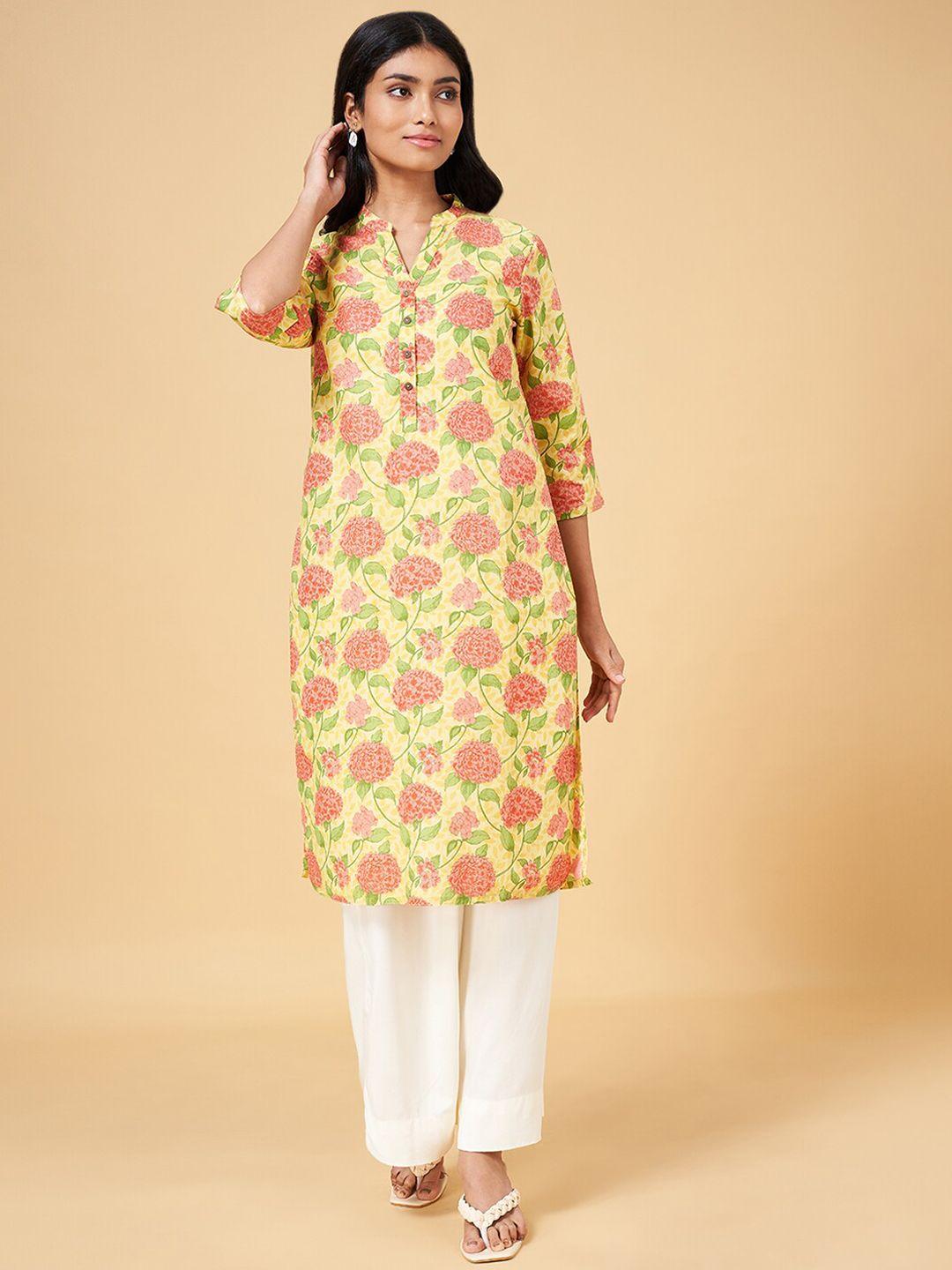 rangmanch by pantaloons floral printed mandarin collar pure cotton kurta