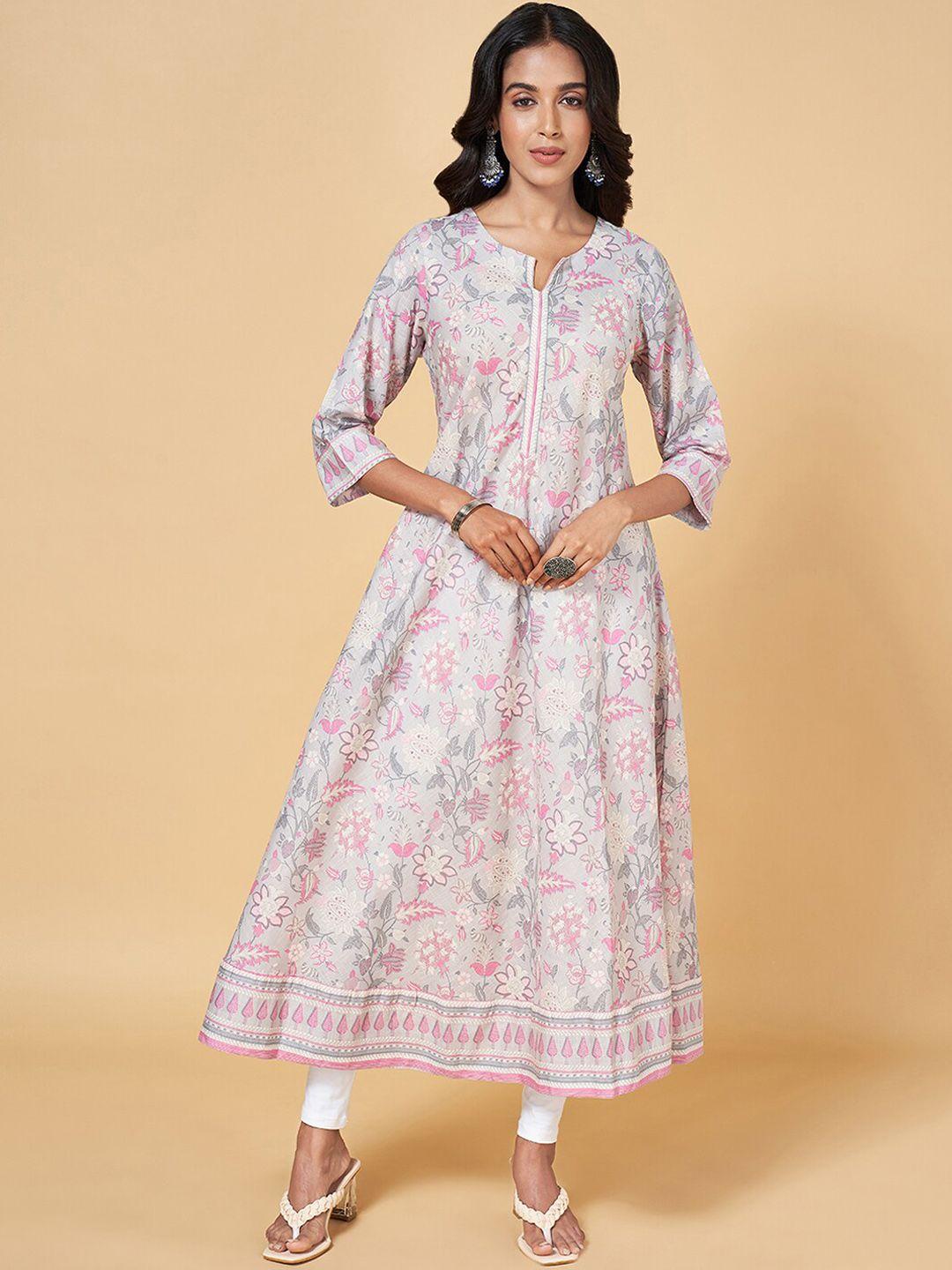 rangmanch by pantaloons floral printed notched neck anarkali pure cotton kurta