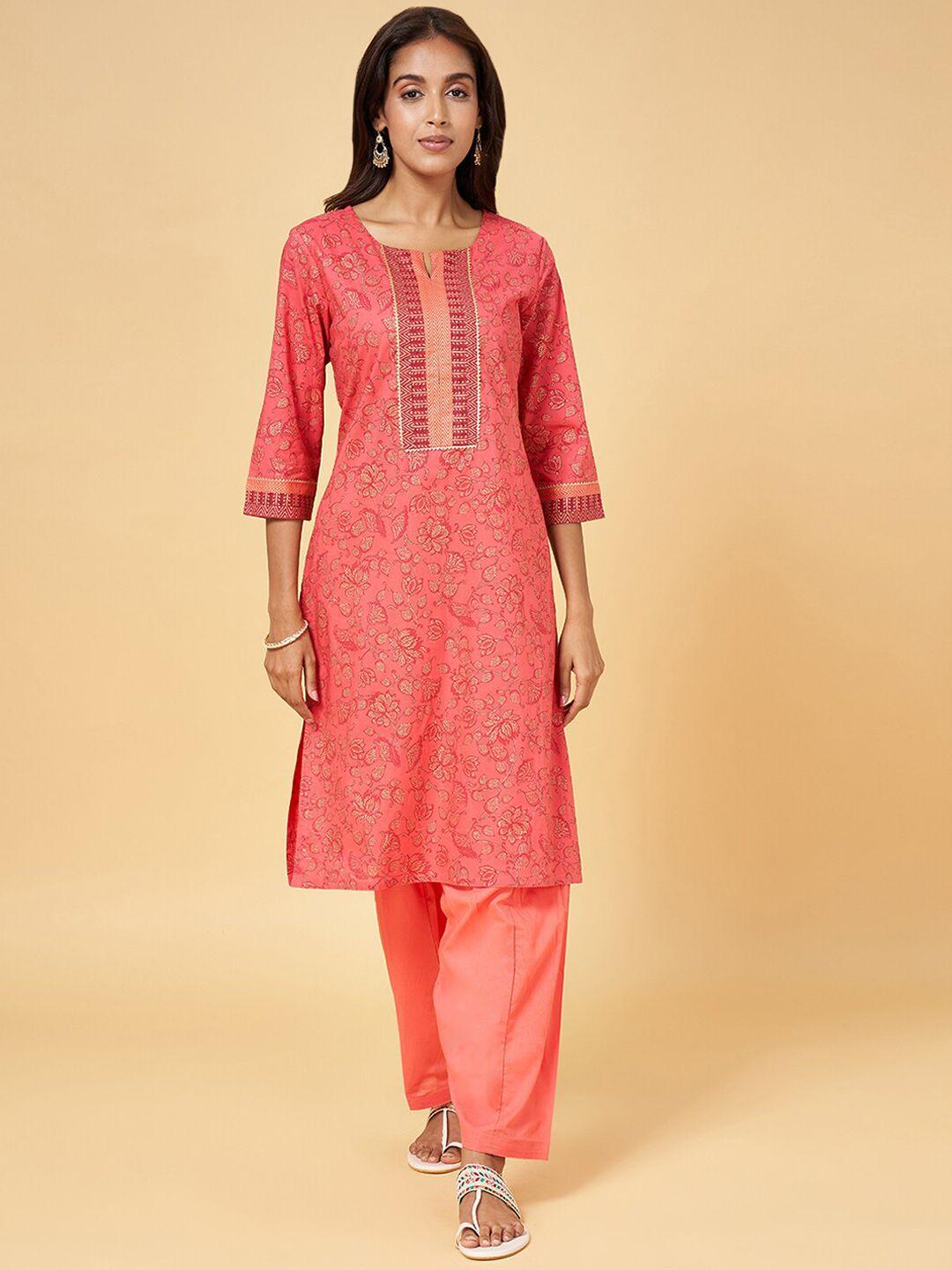 rangmanch by pantaloons floral printed notched neck gotta patti cotton kurta