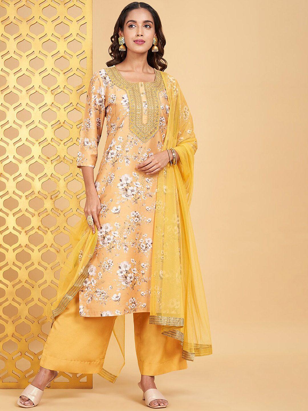 rangmanch by pantaloons floral printed round neck straight kurta with palazzos & dupatta