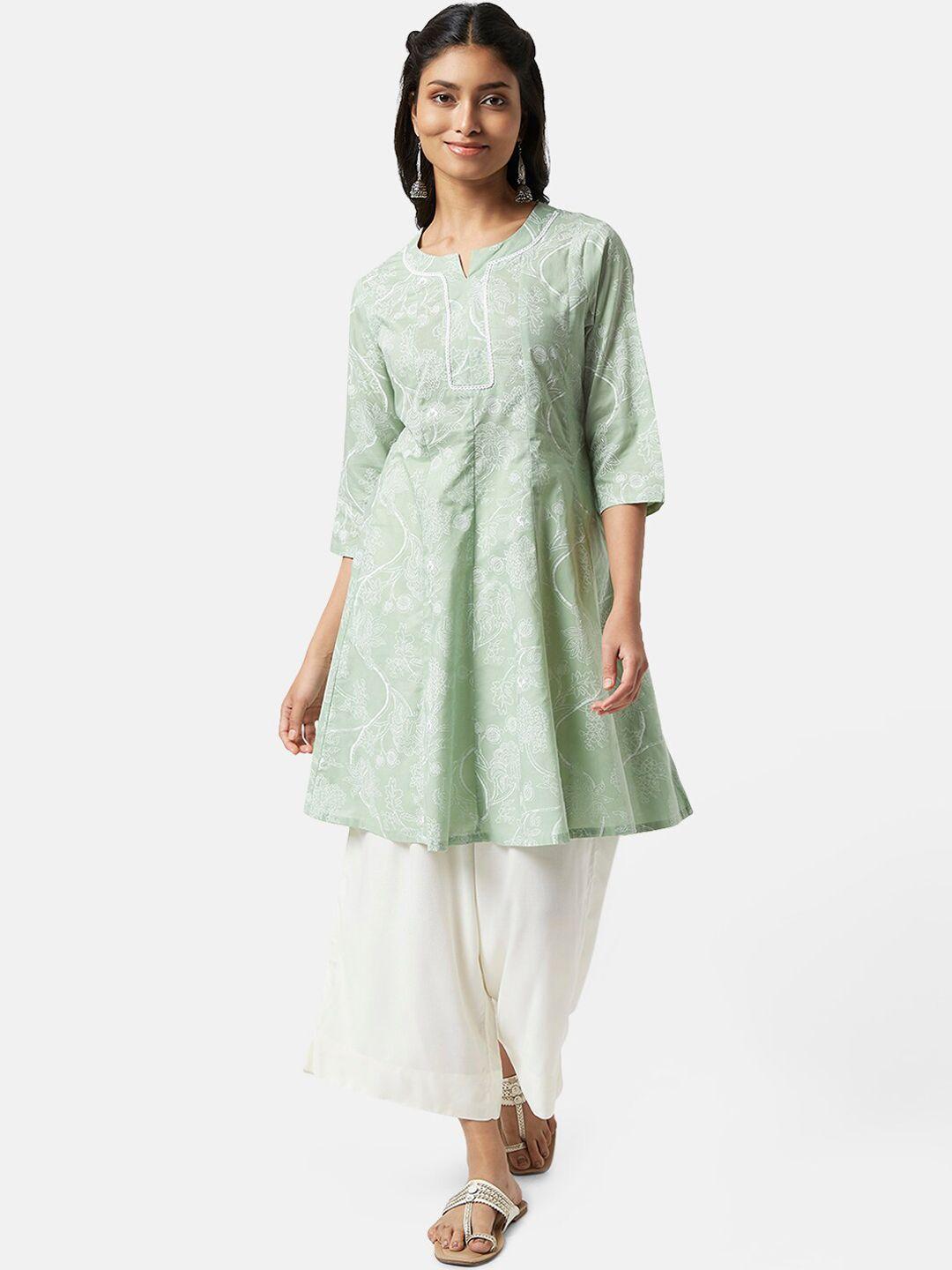 rangmanch by pantaloons floral printed thread work panelled a-line cotton kurta