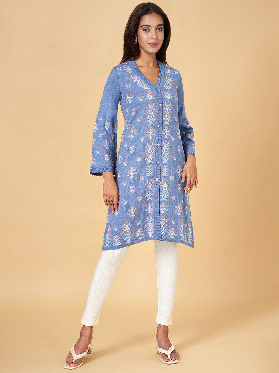 rangmanch by pantaloons floral printed v-neck flared sleeves a-line kurta