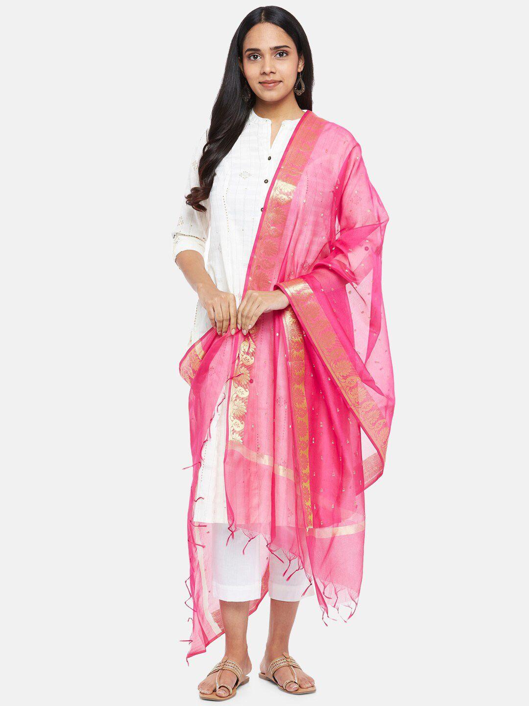 rangmanch by pantaloons fuchsia & white ethnic motifs woven design pure silk dupatta with zari