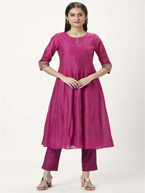 rangmanch by pantaloons fuchsia embellished kurta pant set with dupatta