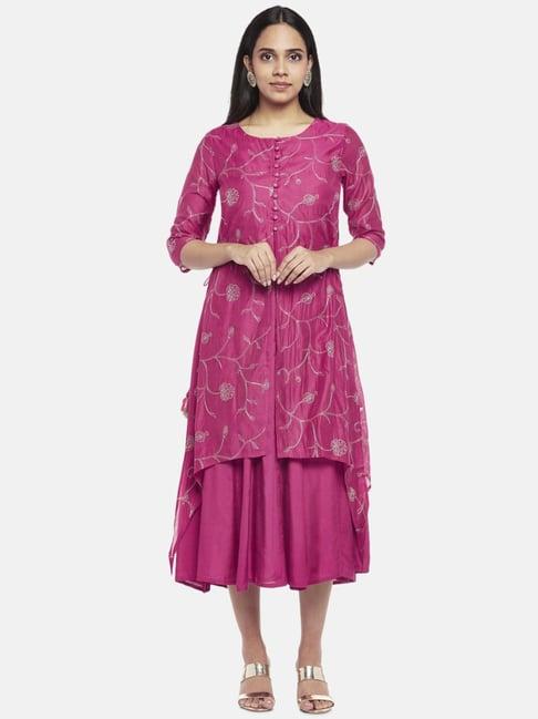 rangmanch by pantaloons fuchsia pink embroidered assymetric double layered dress