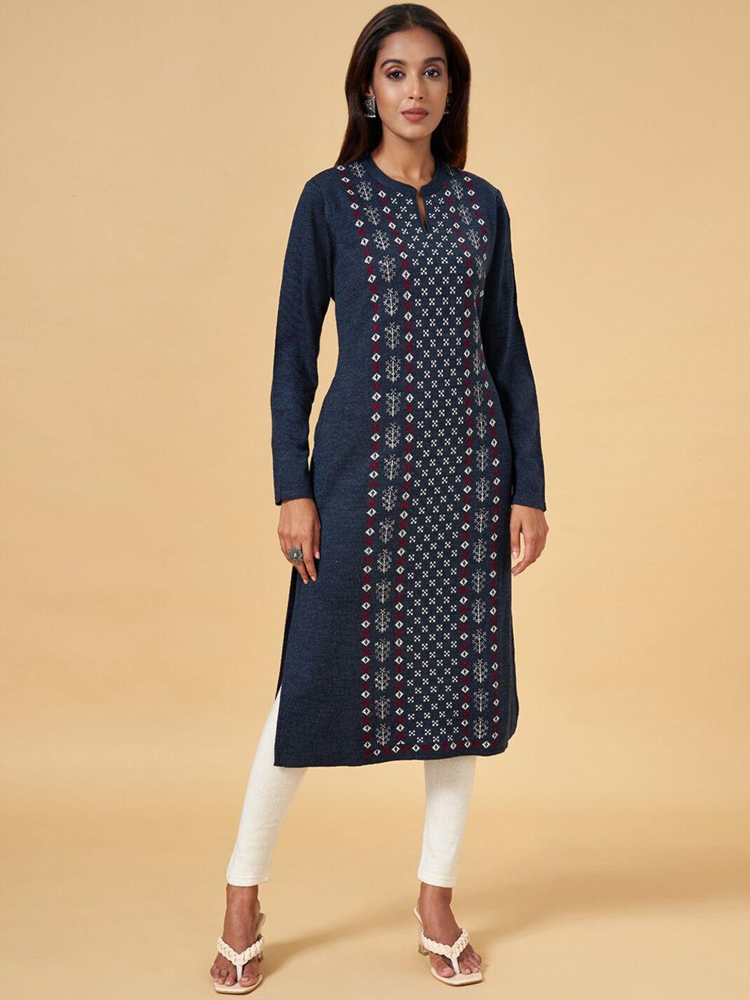 rangmanch by pantaloons geometric woven design keyhole neck acrylic straight kurta
