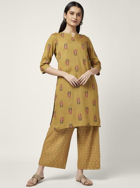 rangmanch by pantaloons golden printed kurta palazzo set