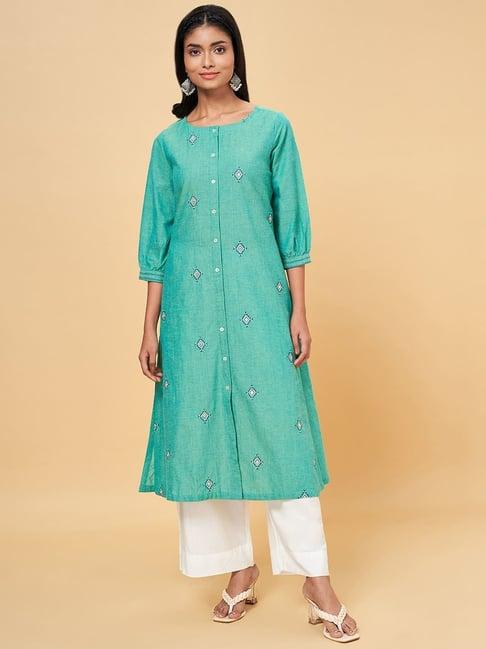 rangmanch by pantaloons green cotton embroidered a line kurta