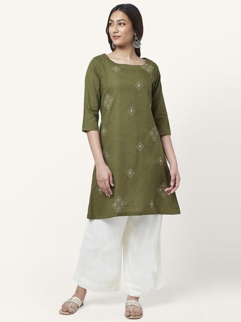 rangmanch by pantaloons green cotton embroidered straight kurta