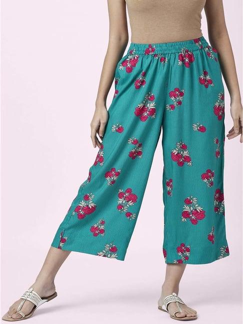 rangmanch by pantaloons green cotton floral print palazzos