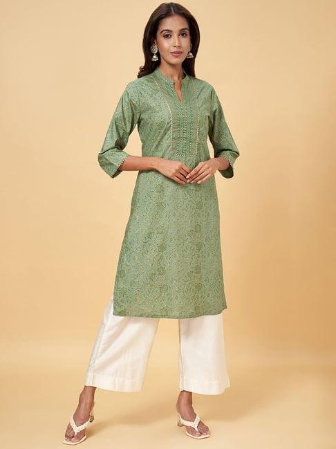 rangmanch by pantaloons green cotton floral print straight kurta