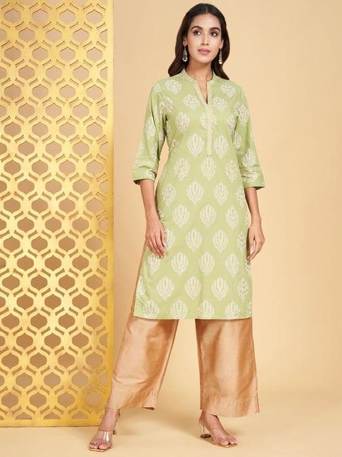 rangmanch by pantaloons green cotton printed straight kurta