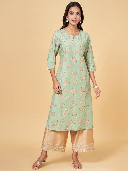 rangmanch by pantaloons green cotton printed straight kurta