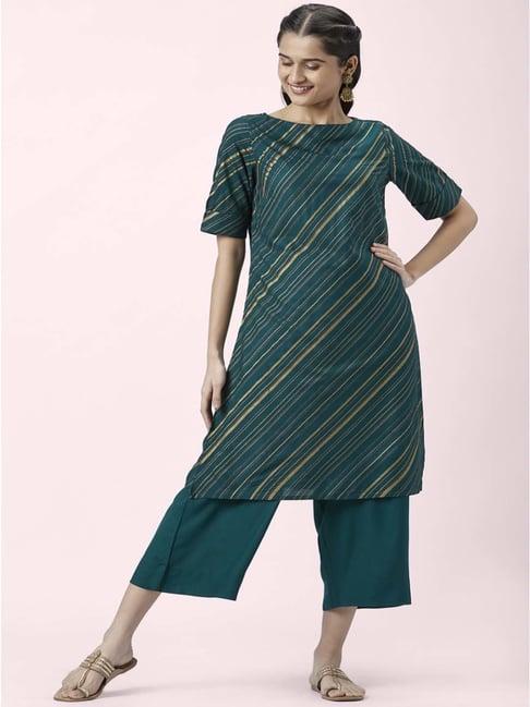 rangmanch by pantaloons green cotton striped kurta palazzo set