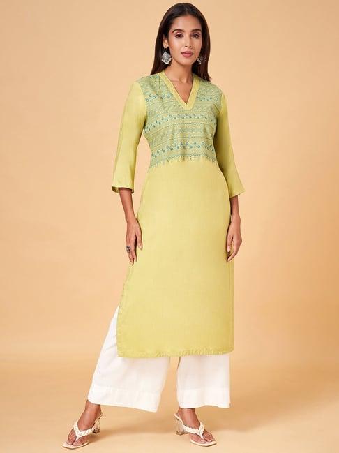 rangmanch by pantaloons green embroidered straight kurta